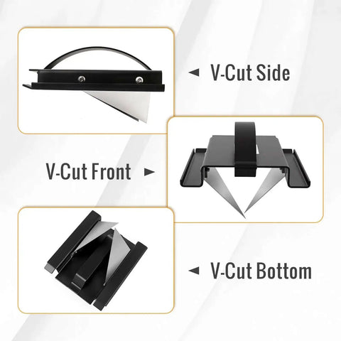2 Inch V Cut Duct Board Tool For HVAC Foldable Joint Duct Sheet Cutter shown from side, front, and bottom views