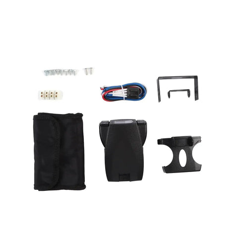 Front view of universal electric trailer brake controller kit with mounting bracket, wiring harness, screws, and pouch