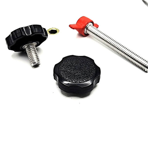Three Eighths By One Inch Thumb Screw Bolts With Black Round Hex Head Clamping Knob And Plastic Cap Grip In 304 Stainless Steel.