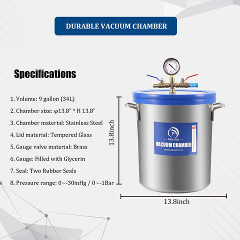 PBAUTOS 9-gallon stainless steel vacuum chamber with blue lid, gauge, and brass valve fittings