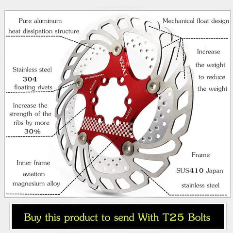 Front view: floating disc brake rotor with red center; 140/160/180/203mm, 6-bolt, 7075-T6 aluminum core, stainless steel