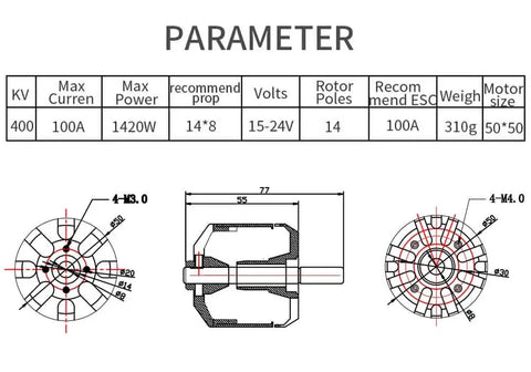 Diagram of RC Brushless Motor 5055-400KV 1420W High Efficiency With 4.0mm Banana Plug, Balanced Rotor dimensions and specifications.