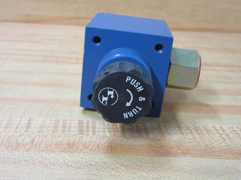 Bosch Rexroth R900978977 AF6EA40Z250V hydraulic valve with black push and turn button, 1/2" NPT and 1/4" NPT ports