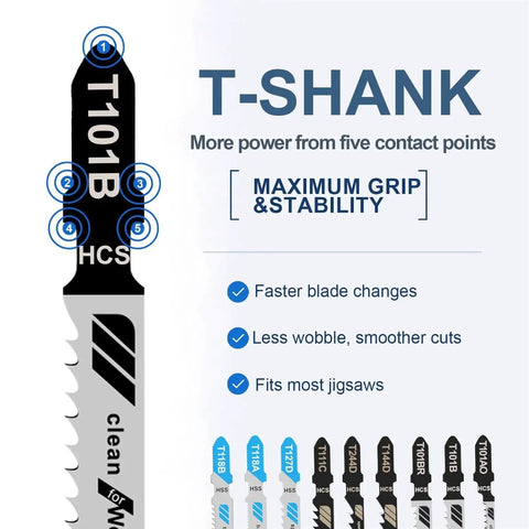 30-Piece Jigsaw Blades Set For Wood Metal And Plastic Cutting By Craluuur, T-shank design with highlighted T101B blade.