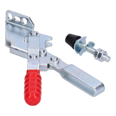Hold Down Hand Clamp With 230 Kg Clamping Force, Beefy Toggle Clamp for Woodworking Jigs, iron construction, red handle.