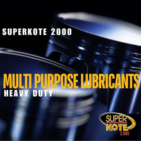Beefed Up Heavy Duty Lithium Complex Grease NLGI 2 EP Multi Purpose Lubricant For Automotive Construction Industrial Gear Wheel Bearings Axles And Bikes With High Temp White Formula 114 Gram Squeeze Tube packaging featuring "Superkote 2000 Multi Purpose Lubricants Heavy Duty."