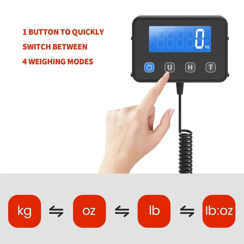 Person switching modes on display of Heavy Duty 440Lb Shipping Scale For Packages And Postage with four weighing modes visible.