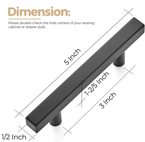 30 Pack 5 Inch Square Cabinet Pulls Matte Black Stainless Steel Kitchen Drawer Pulls Cabinet Handles with dimensions shown