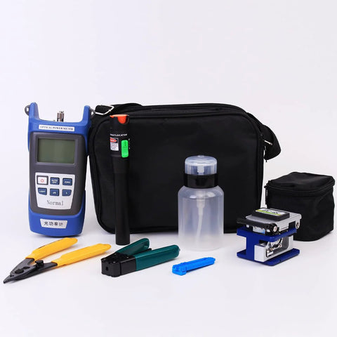 Fiber optic termination tool kit with blue optical power meter, FC-6S cleaver, pliers, cutter, and carrying bag