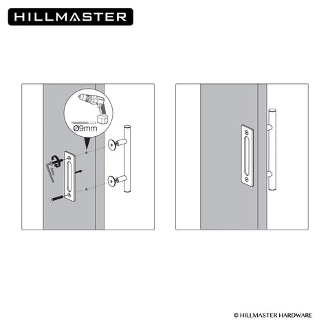 Diagram of 12 Inch Beefy Heavy Duty Sliding Barn Door Pull Handle Set With Two-Side Flush Design, installation guide shown.