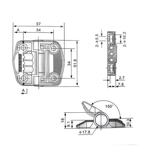 Technical drawing of Cl195 Plastic Hinge Adjustable Torque Multi Point Positioning Door Hinge Black 1 Piece for cabinets and doors