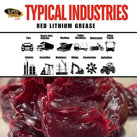 Go To Lithium Grease Superkote 2000 NLGI 2 EP Grease for high temperature heavy duty use with industry icons and texture close-up.