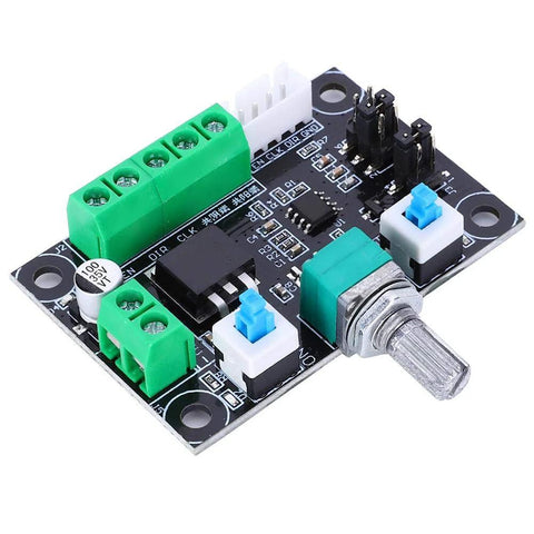 Stepper motor controller board with green terminal blocks, blue jumpers, and adjustable potentiometer by Amazon