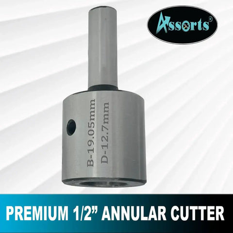 Half Inch Shank Tool Steel Holder With Lock Screw For 19 mm Rota Broaches, Hard And Ground, Overall Length 75 Mm, shown in the image with a focus on its 1/2-inch annular cutter design, suitable for drill press and milling machines.