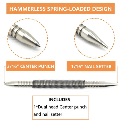 Image of Dual Head Hammerless Nail Setter And 3/16 In Center Punch with 3500 PSI Striking Force showing two interchangeable heads