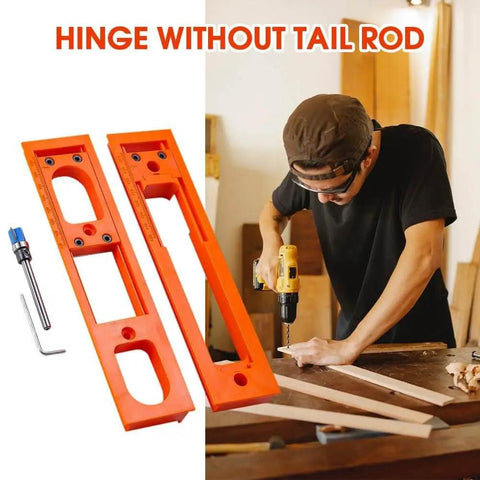 Door Hinge Jig Installation Kit With Adjustable Template And Milling Cutter for Precise Hinge Alignment, shown with a user in a workshop.