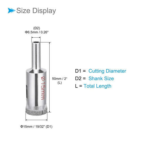 Size diagram of a diamond drill bit set for glass and ceramic, 15mm hole cutting size, nickel plated diamond core bits.