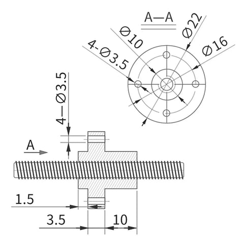 Technical drawing of 1200Mm T8 Lead Screw With 2Mm Lead And 2Mm Pitch, Stainless Steel Rod With Copper Nut For 3D Printer And CNC Z Axis.