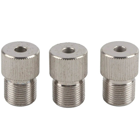 Front view: three knurled silver metal drill chuck adapter sleeves, 5mm, with male threads