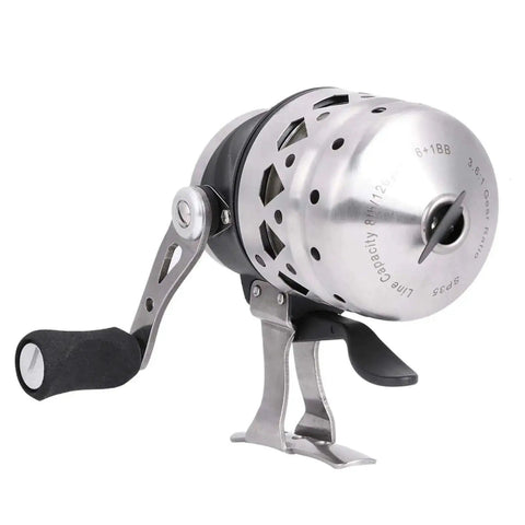 Durable Fishing Reel With 15Lb Line Capacity And Stainless Steel Metal Frame Six Plus One Bearings, black handle, angled view