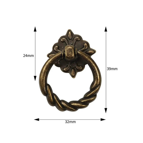 Antique bronze drop ring knob with dimensions, part of 6 Pieces Vintage Bronze Drop Ring Knobs And Pulls For Dresser Drawers Cabinets set.