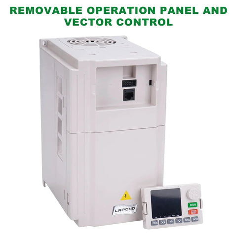 Front view of LAPOND 2.2 kW VFD drive with removable operation panel, 200–230V, 10A, single‑phase to 3‑phase converter