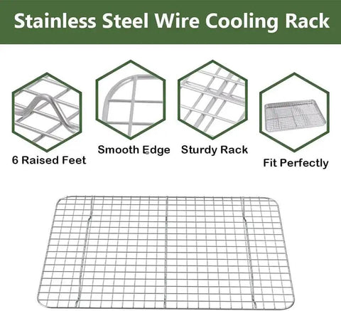 Sturdy Stainless Steel Baking Sheet With Rack Set showing wire cooling rack with 6 raised feet and smooth edges.