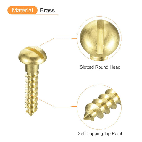Brass Wood Screws M6 30mm Slotted Round Head Self Tapping Screws For Woodworking 10 Pack with detailed head and tip view