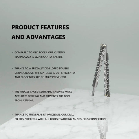 1 Inch Diameter 10.24 Inch SDS Plus Rotary Hammer Drill Bit For Masonry And Concrete Four Cut Design displayed on marble surface.