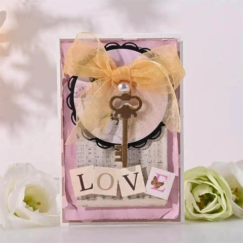 Greeting card featuring a vintage key design from the 9 Piece Vintage Keys Metal Cutting Dies Set For Scrapbooking And Card Making Dope DIY Die Cuts And Embossing Stencils For Albums Photos Cards And Paper Crafts.