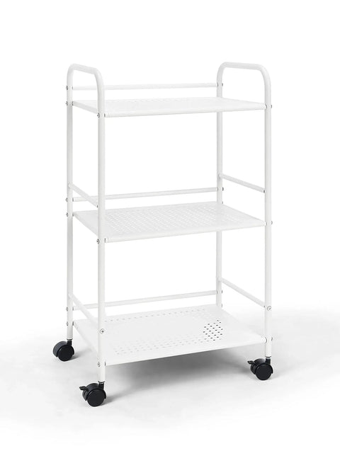 Three Tier Rolling Utility Cart With Metal Shelves On Wheels White Finish For Kitchen Office And Home Organization 12 Inch Depth Sixteen Point Nine Two Inch Width Thirty One Point One Inch Height Durable Steel Frame