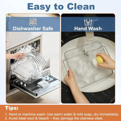 Illustration showing cleaning methods for Replacement Air Fryer Basket For Emeril Lagasse 26 Qt French Door Oven 360