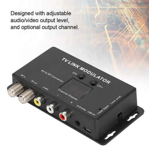 RF Modulator For UHF TV With Infrared Extender, Channel Display, And AV To RF Converter For Cable TV Systems, black device