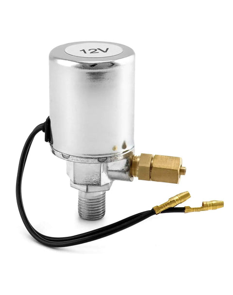 Chrome plated 12V air solenoid valve for cars and trucks, one quarter inch NPT inlet, quarter inch OD hose compatible.