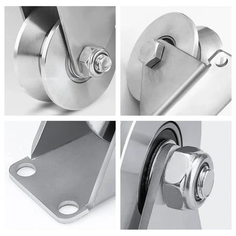 3In V Groove Wheel Stainless Steel Heavy Duty Beefy Caster with double bearings for sliding gates and V track rails, close-up views.