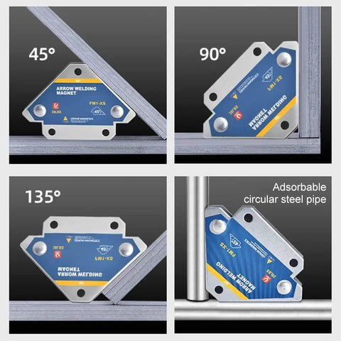 Arrow Welding Magnet For Precise Metalwork And Quick Setup Purple Finish With 28 Lbs Holding Power Multi Angle Positioning At 45 90 And 135 Degrees Durable Metal Construction Great For Welding Projects By ESPTRS shown in multi angle positions on metal pipes