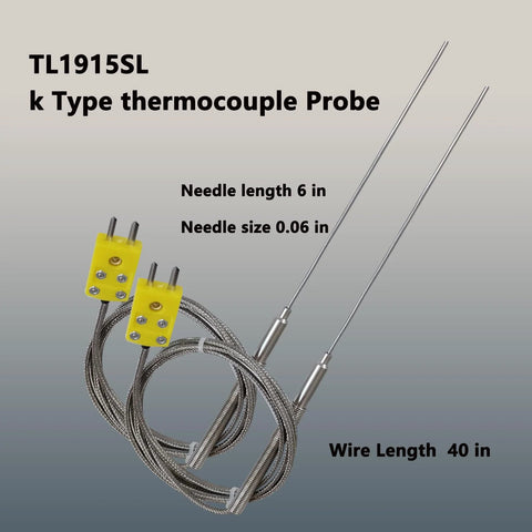 TL1915SL K-Type thermocouple probes, 2-pack, 6 in needles, 0.06 in dia, 40 in wires for high-temp HVAC/auto furnaces