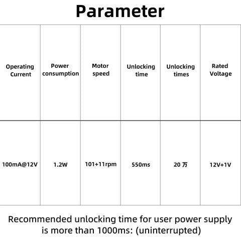 Technical specifications for 12V Waterproof Electronic Rotary Latch With Motor Servo Locking System ST7070.