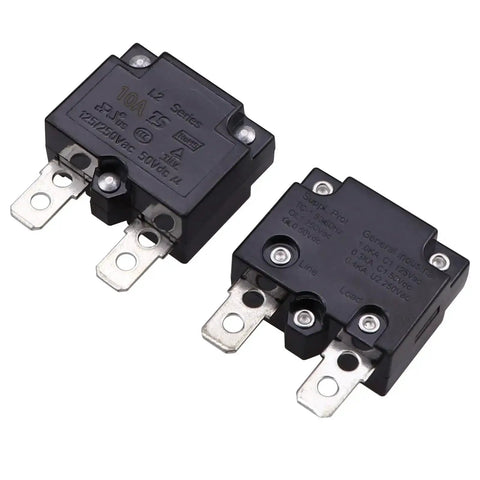 Two Pack 10A Auto Reset Thermal Circuit Breaker For 125 To 250V AC 50V DC Overload Protector showing top and side views