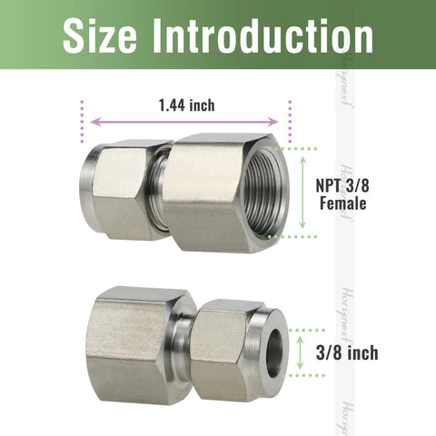 Stainless steel 304 straight compression fitting for 3/8 in O.D. tubing to NPT 3/8 female, 2 pieces