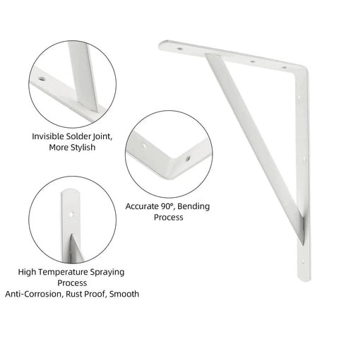 Heavy Duty 12-Inch By 8-Inch Shelf Brackets With 600 Lb Capacity 10 Pack White Metal L Supports, close-up of features and finish