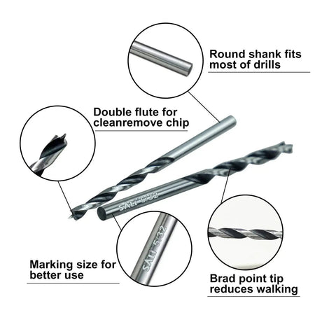 Thirteen Piece Brad Point Wood Drill Bit Set crafted in carbon steel, showing round shank, double flute, and brad point tip.