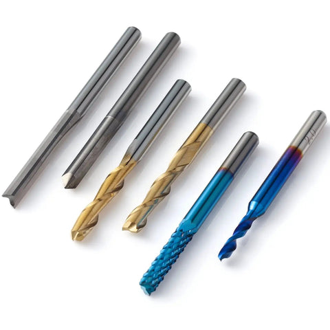 Pro Grade Tungsten Carbide End Mill Router Bits Set For CNC Machining 1/8 Inch Shank 50-Piece with coatings, assorted shapes