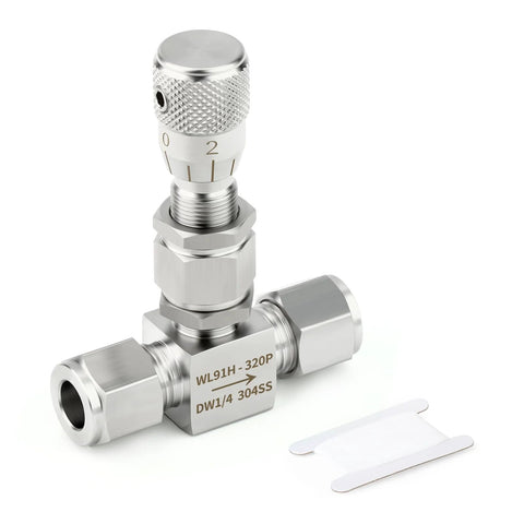 Stainless steel needle valve with knurled dial and 1/4 in OD fittings for precise micro flow control