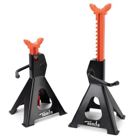 3 Ton Heavy Duty Jack Stands With Self Locking Ratchet, black and orange, shown in a pair, front and side view, 13.39 to 21.06 inches.