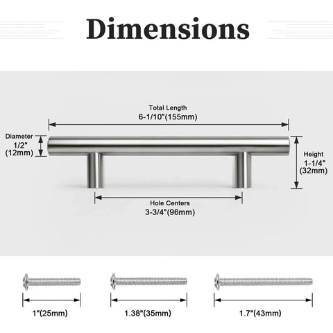 Dimensions of 30 Pack 3-3/4 Inch Hole Center Cabinet Pulls Brushed Nickel Stainless Steel Kitchen Cabinet Handles 6 Inch Overall Length 1/2 Inch Diameter 1-1/4 Inch Projection Includes 1 In 1-2/5 In and 1-3/4 In Screws for Easy Cabinet and Drawer Installation