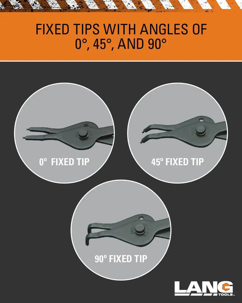 Close-up of 12-Piece Fixed Tip Internal And External Snap Ring Pliers Set with 0°, 45°, and 90° angled fixed tips.