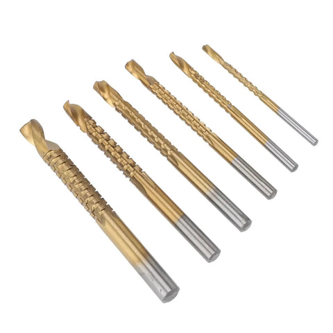 Six Piece Serrated Twist Drill Bit Set For Wood PVC And Plastic Chamfering Grooving Includes 3 4 5 6 6.5 And 8mm Bits