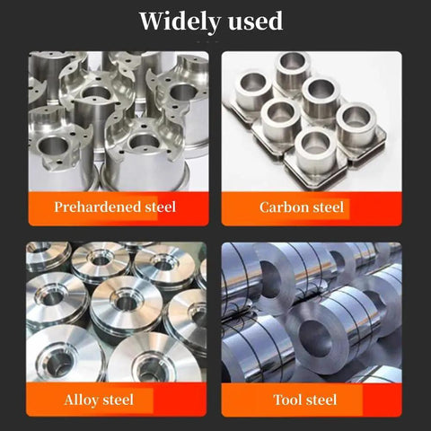 Image showing prehardened, carbon, alloy, and tool steel blocks labeled for machining uses.