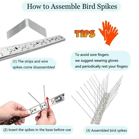 Instructional image showing assembly steps for stainless steel bird spikes deterrent strips for roofs and fences, including safety tips.